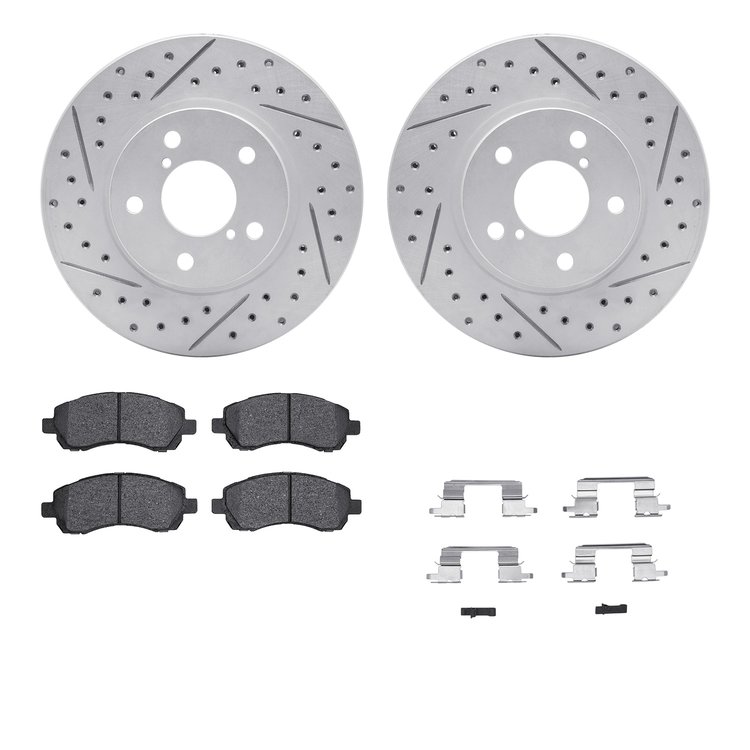 2512-13001 Geoperformance Drilled/Slotted Rotors w/5000 Advanced Brake Pads Kit & Hardware, 1997-2001 Subaru, Position: Front