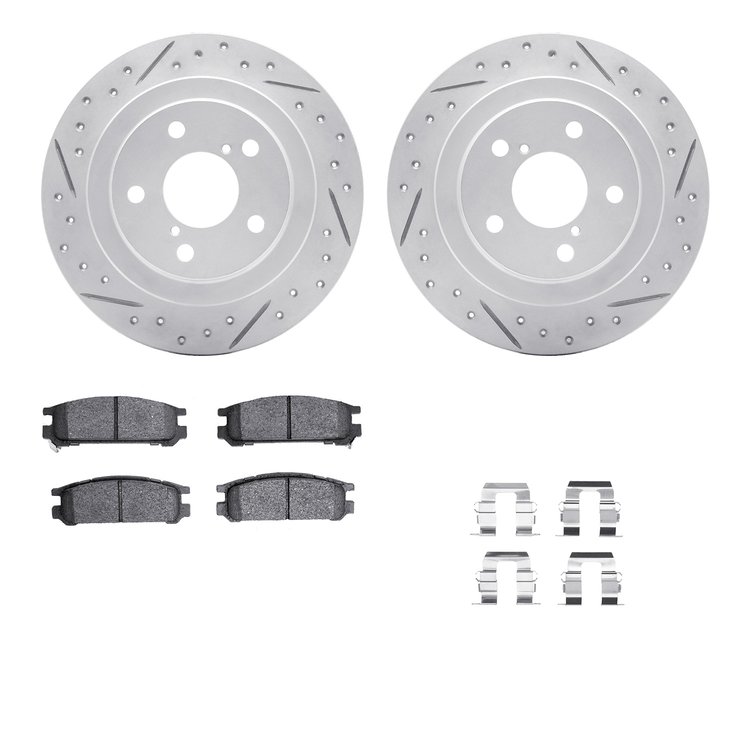 2512-13002 Geoperformance Drilled/Slotted Rotors w/5000 Advanced Brake Pads Kit & Hardware, 1990-1999 Subaru, Position: Rear