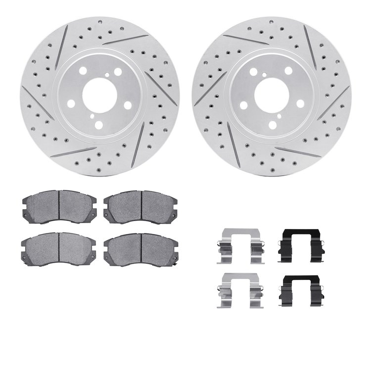 2512-13003 Geoperformance Drilled/Slotted Rotors w/5000 Advanced Brake Pads Kit & Hardware, 1990-1996 Subaru, Position: Front