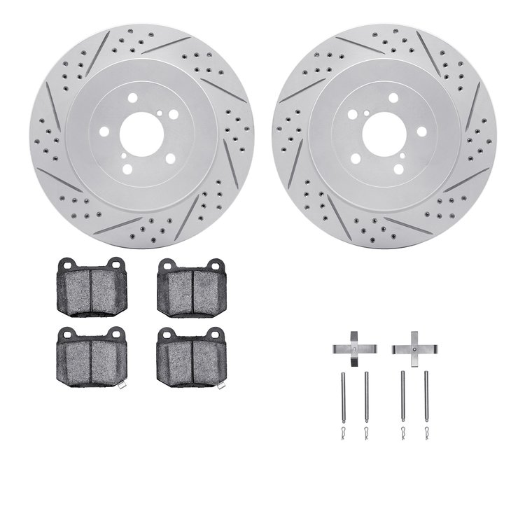 2512-13008 Geoperformance Drilled/Slotted Rotors w/5000 Advanced Brake Pads Kit & Hardware, 2003-2004 Subaru, Position: Rear