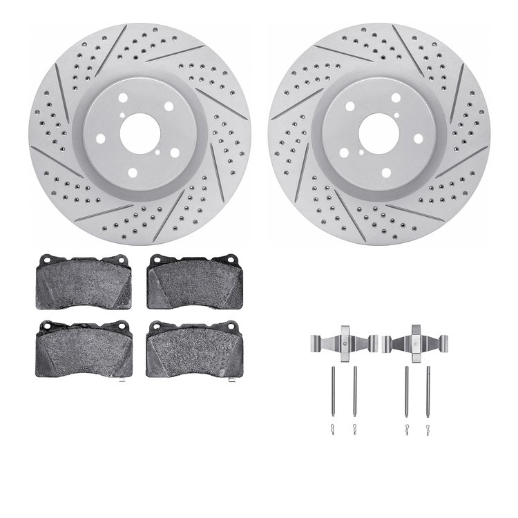 2512-13009 Geoperformance Drilled/Slotted Rotors w/5000 Advanced Brake Pads Kit & Hardware, 2005-2020 Subaru, Position: Front