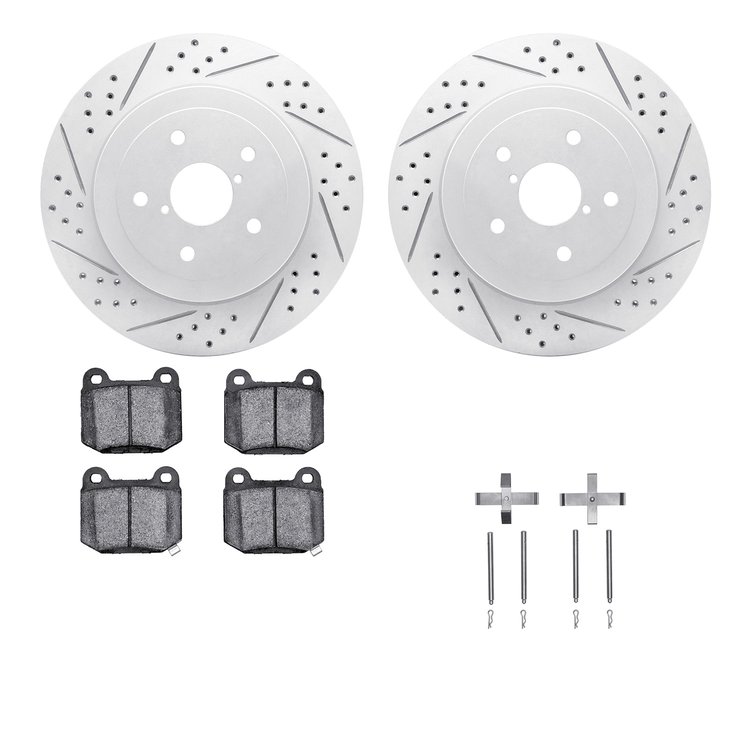 2512-13011 Geoperformance Drilled/Slotted Rotors w/5000 Advanced Brake Pads Kit & Hardware, 2005-2007 Subaru, Position: Rear