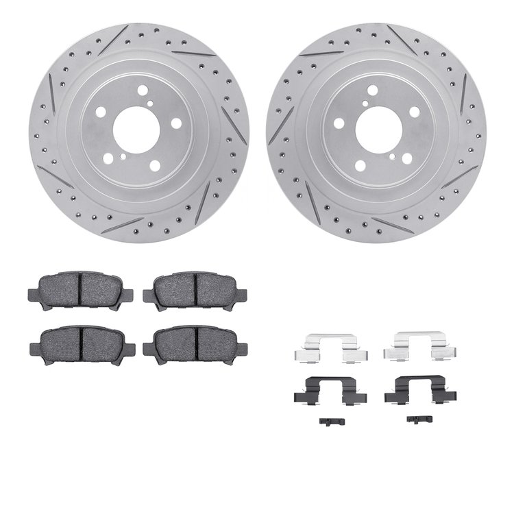 2512-13013 Geoperformance Drilled/Slotted Rotors w/5000 Advanced Brake Pads Kit & Hardware, 2005-2009 Subaru, Position: Rear