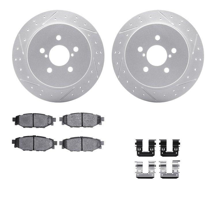 2512-13014 Geoperformance Drilled/Slotted Rotors w/5000 Advanced Brake Pads Kit & Hardware, 2005-2009 Subaru, Position: Rear