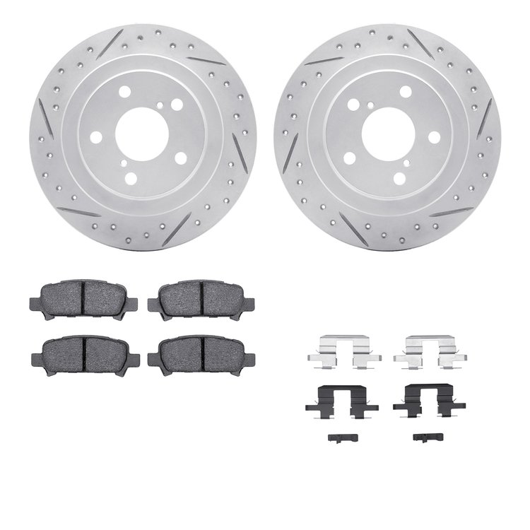 2512-13024 Geoperformance Drilled/Slotted Rotors w/5000 Advanced Brake Pads Kit & Hardware, 1998-2003 Subaru, Position: Rear