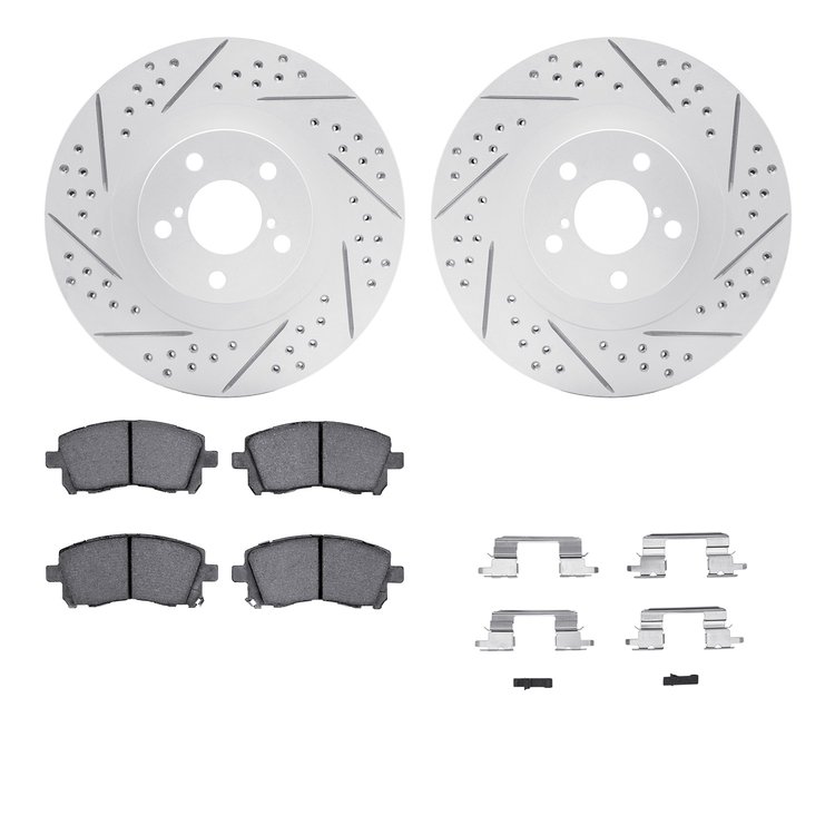2512-13026 Geoperformance Drilled/Slotted Rotors w/5000 Advanced Brake Pads Kit & Hardware, 2001-2003 Subaru, Position: Front