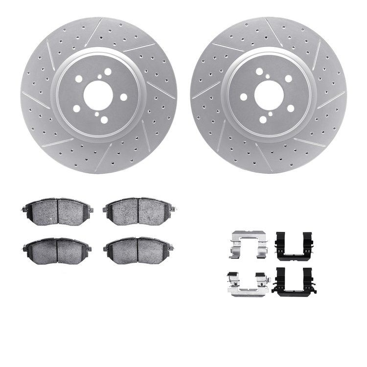 2512-13037 Geoperformance Drilled/Slotted Rotors w/5000 Advanced Brake Pads Kit & Hardware, 2005-2018 Subaru, Position: Front