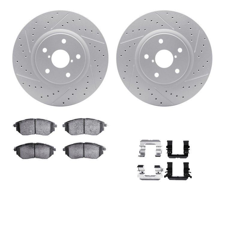 2512-13038 Geoperformance Drilled/Slotted Rotors w/5000 Advanced Brake Pads Kit & Hardware, 2018-2019 Subaru, Position: Front