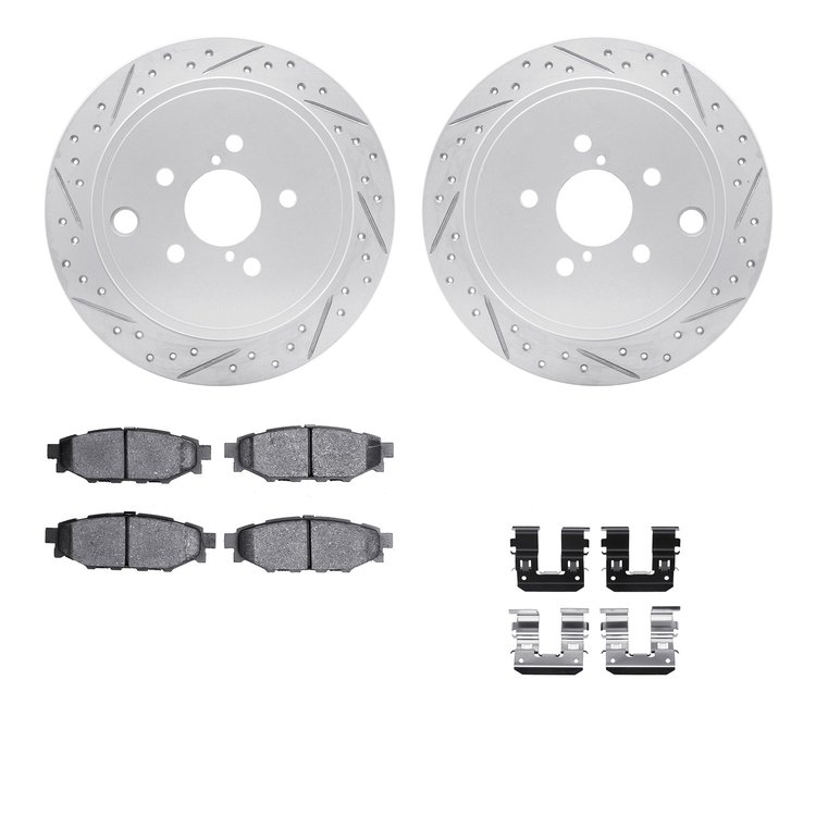 2512-13041 Geoperformance Drilled/Slotted Rotors w/5000 Advanced Brake Pads Kit & Hardware, 2008-2015 Subaru, Position: Rear