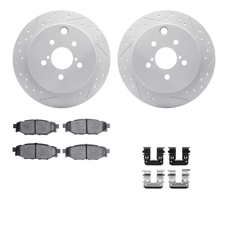 2512-13043 Geoperformance Drilled/Slotted Rotors w/5000 Advanced Brake Pads Kit & Hardware, Fits Select Subaru, Position: Rear