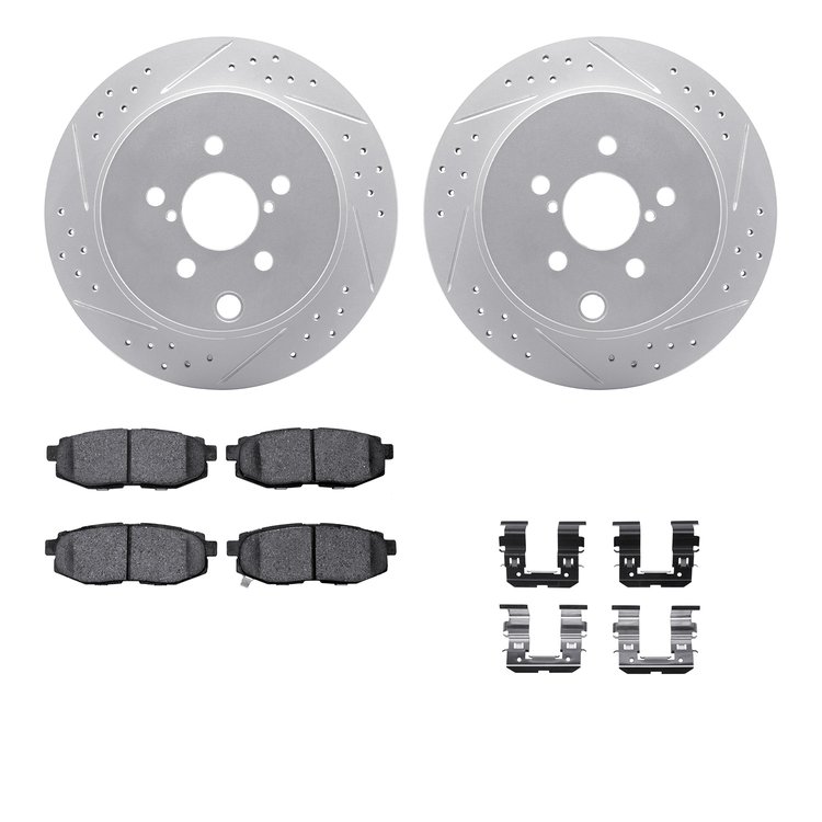 2512-13045 Geoperformance Drilled/Slotted Rotors w/5000 Advanced Brake Pads Kit & Hardware, 2014-2018 Subaru, Position: Rear