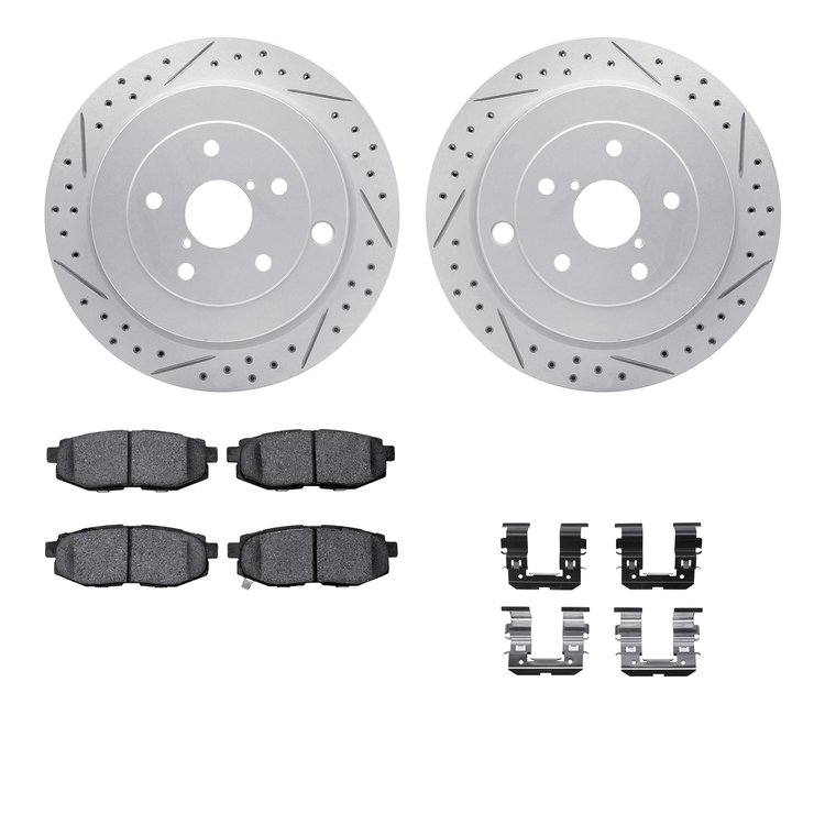 2512-13046 Geoperformance Drilled/Slotted Rotors w/5000 Advanced Brake Pads Kit & Hardware, 2006-2014 Subaru, Position: Rear