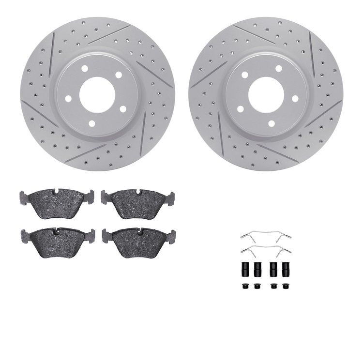 2512-20003 Geoperformance Drilled/Slotted Rotors w/5000 Advanced Brake Pads Kit & Hardware, 2005-2006 Jaguar, Position: Front