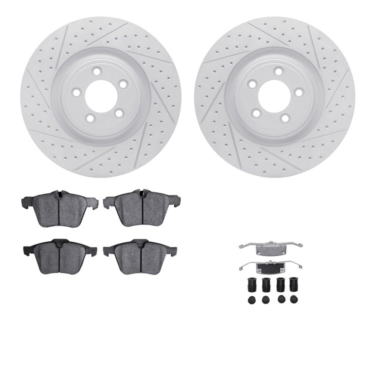 2512-20016 Geoperformance Drilled/Slotted Rotors w/5000 Advanced Brake Pads Kit & Hardware, 2014-2021 Jaguar, Position: Front