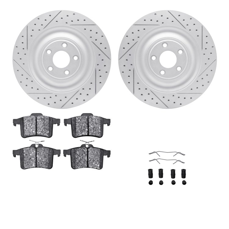 2512-20020 Geoperformance Drilled/Slotted Rotors w/5000 Advanced Brake Pads Kit & Hardware, 2010-2017 Jaguar, Position: Rear