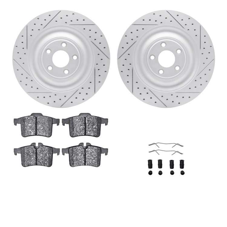 2512-20021 Geoperformance Drilled/Slotted Rotors w/5000 Advanced Brake Pads Kit & Hardware, 2013-2015 Jaguar, Position: Rear