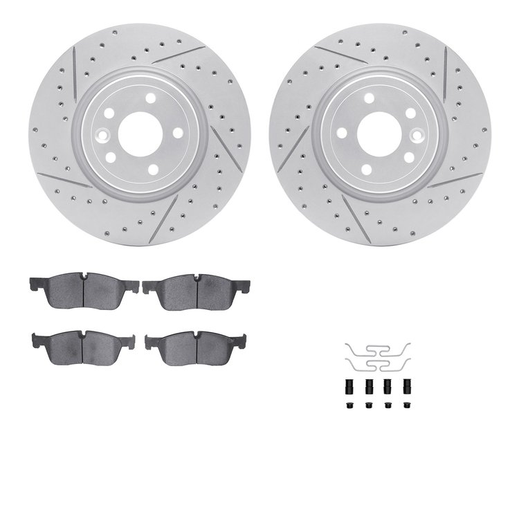 2512-20024 Geoperformance Drilled/Slotted Rotors w/5000 Advanced Brake Pads Kit & Hardware, 2017-2020 Jaguar, Position: Front