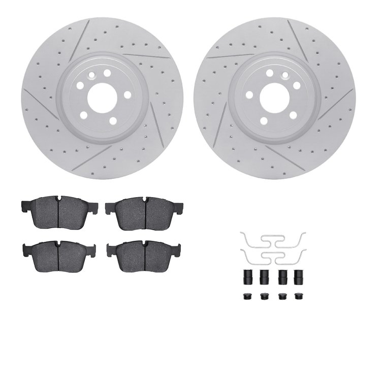 2512-20028 Geoperformance Drilled/Slotted Rotors w/5000 Advanced Brake Pads Kit & Hardware, 2019-2020 Jaguar, Position: Front