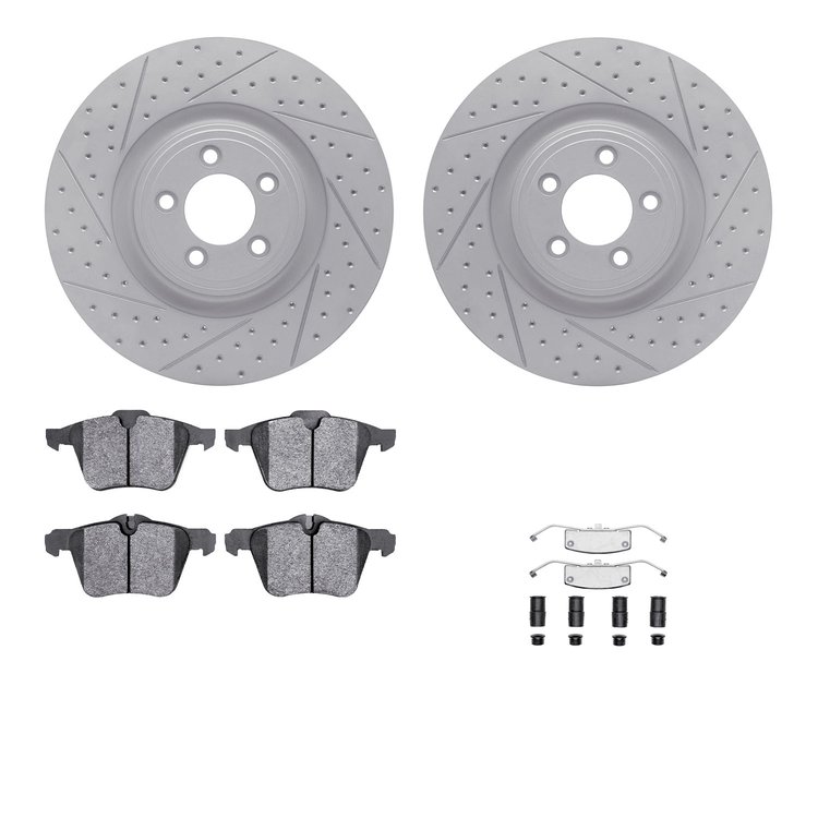 2512-20057 Geoperformance Drilled/Slotted Rotors w/5000 Advanced Brake Pads Kit & Hardware, 2009-2015 Jaguar, Position: Front