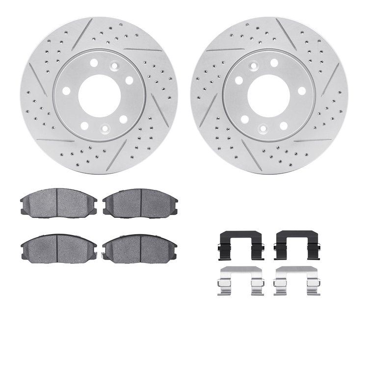 2512-21018 Geoperformance Drilled/Slotted Rotors w/5000 Advanced Brake Pads Kit & Hardware, 2004-2005 Kia/Hyundai/Genesis, Posit