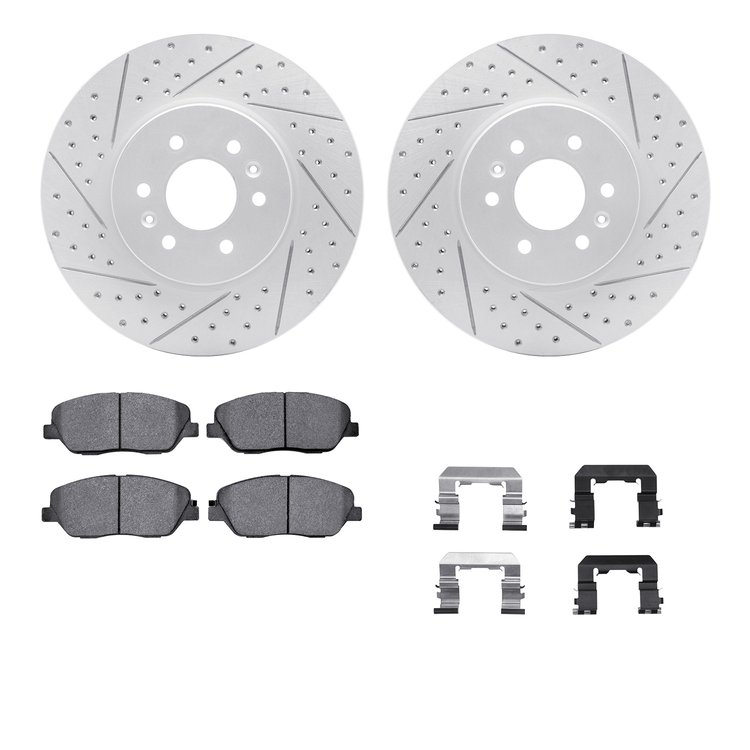 2512-21029 Geoperformance Drilled/Slotted Rotors w/5000 Advanced Brake Pads Kit & Hardware, 2009-2010 Kia/Hyundai/Genesis, Posit