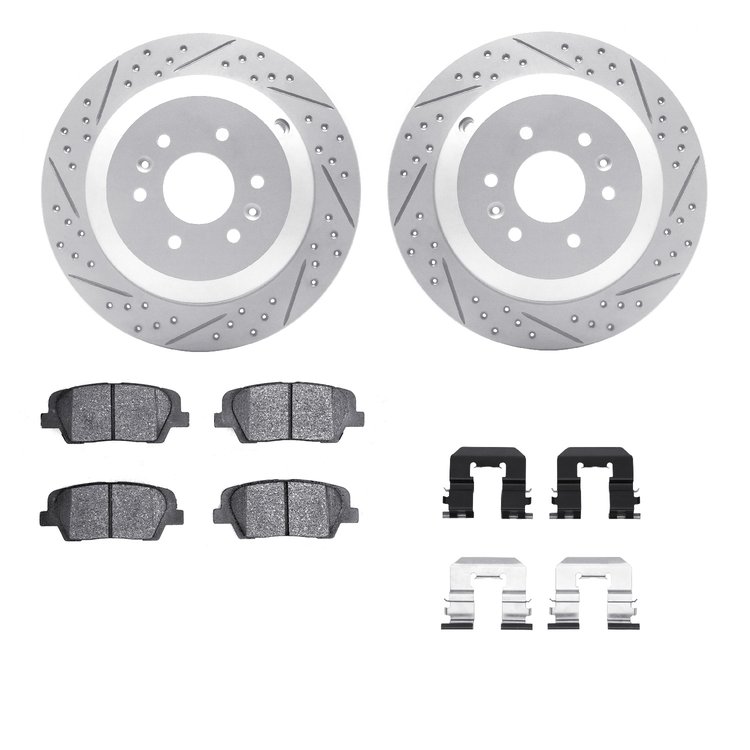 2512-21041 Geoperformance Drilled/Slotted Rotors w/5000 Advanced Brake Pads Kit & Hardware, 2009-2010 Kia/Hyundai/Genesis, Posit