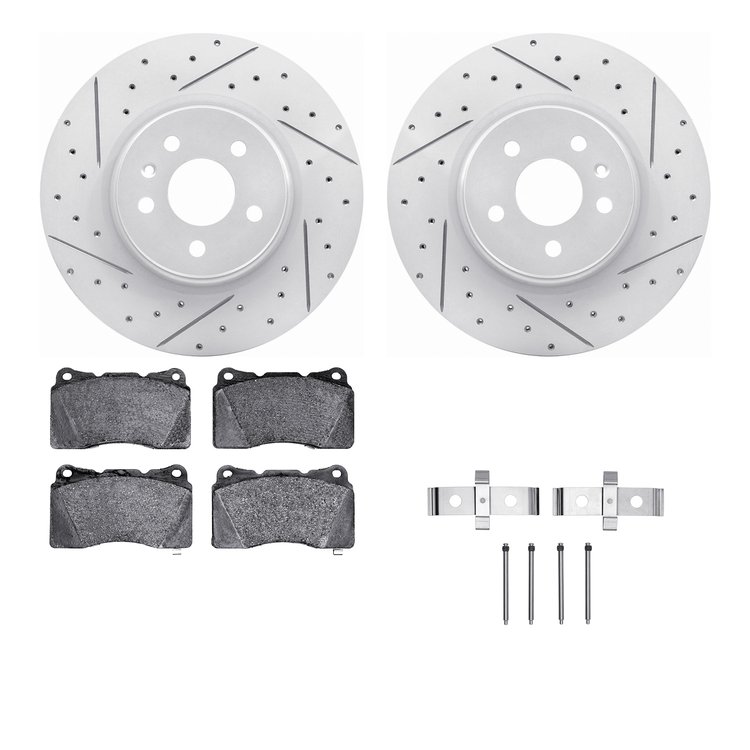 2512-26001 Geoperformance Drilled/Slotted Rotors w/5000 Advanced Brake Pads Kit & Hardware, 2014-2021 Tesla, Position: Front