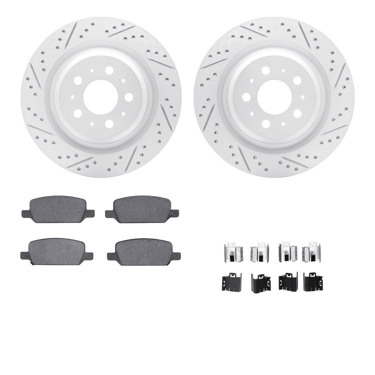 2512-26004 Geoperformance Drilled/Slotted Rotors w/5000 Advanced Brake Pads Kit & Hardware, Fits Select Tesla, Position: Rear
