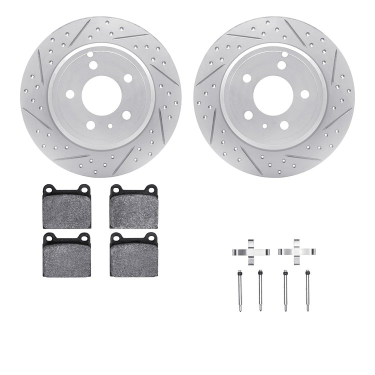 2512-27009 Geoperformance Drilled/Slotted Rotors w/5000 Advanced Brake Pads Kit & Hardware, 1996-2004 Volvo, Position: Rear