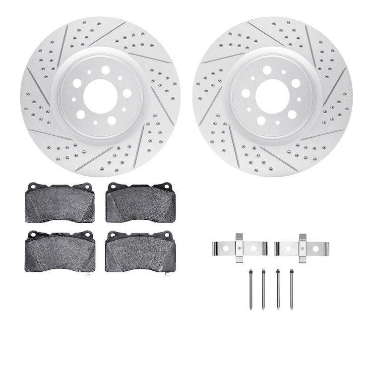 2512-27015 Geoperformance Drilled/Slotted Rotors w/5000 Advanced Brake Pads Kit & Hardware, 2004-2007 Volvo, Position: Front