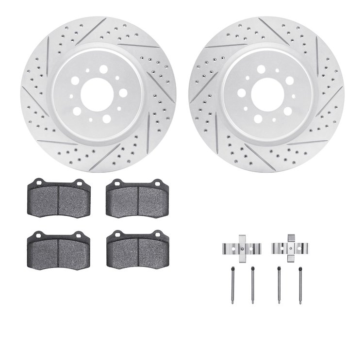2512-27017 Geoperformance Drilled/Slotted Rotors w/5000 Advanced Brake Pads Kit & Hardware, 2004-2007 Volvo, Position: Rear