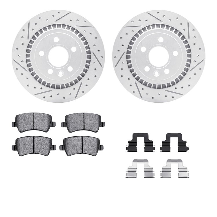 2512-27040 Geoperformance Drilled/Slotted Rotors w/5000 Advanced Brake Pads Kit & Hardware, 2008-2016 Volvo, Position: Rear