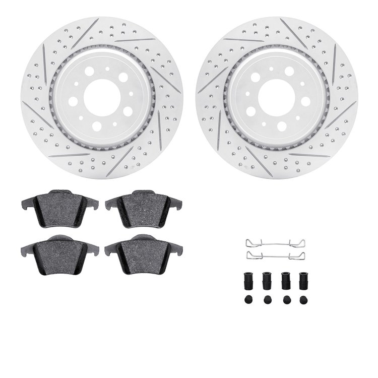 2512-27053 Geoperformance Drilled/Slotted Rotors w/5000 Advanced Brake Pads Kit & Hardware, 2003-2014 Volvo, Position: Rear