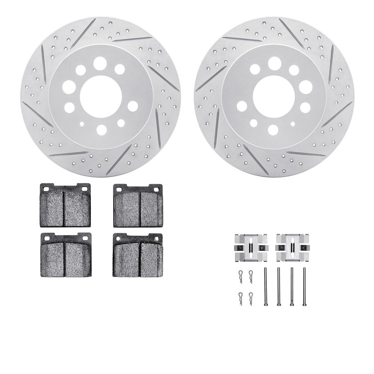 2512-27055 Geoperformance Drilled/Slotted Rotors w/5000 Advanced Brake Pads Kit & Hardware, 1975-1987 Volvo, Position: Rear