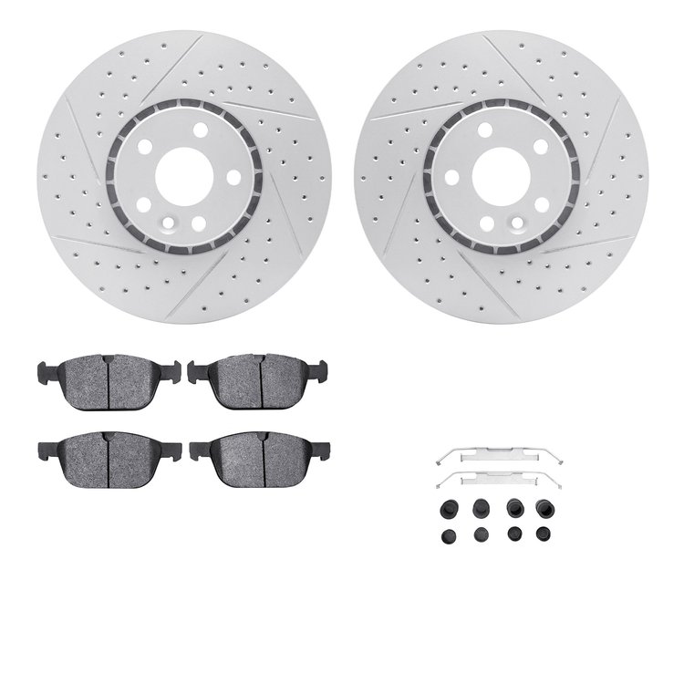 2512-27070 Geoperformance Drilled/Slotted Rotors w/5000 Advanced Brake Pads Kit & Hardware, 2010-2016 Volvo, Position: Front