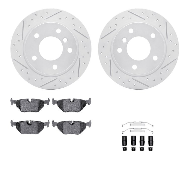 2512-31022 Geoperformance Drilled/Slotted Rotors w/5000 Advanced Brake Pads Kit & Hardware, 1996-2000 BMW, Position: Rear