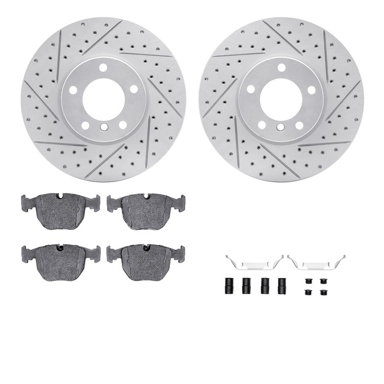 2512-31028 Geoperformance Drilled/Slotted Rotors w/5000 Advanced Brake Pads Kit & Hardware, 2001-2003 BMW, Position: Front