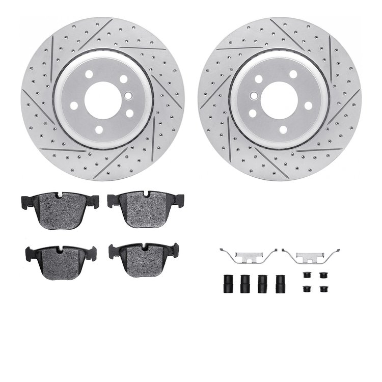 2512-31039 Geoperformance Drilled/Slotted Rotors w/5000 Advanced Brake Pads Kit & Hardware, 2004-2010 BMW, Position: Rear