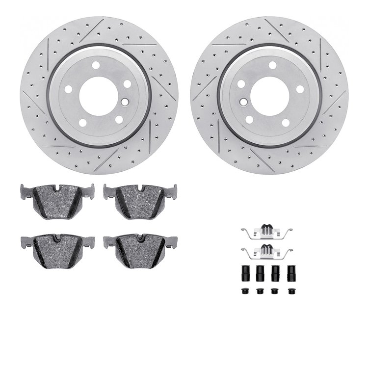 2512-31042 Geoperformance Drilled/Slotted Rotors w/5000 Advanced Brake Pads Kit & Hardware, 2004-2010 BMW, Position: Rear