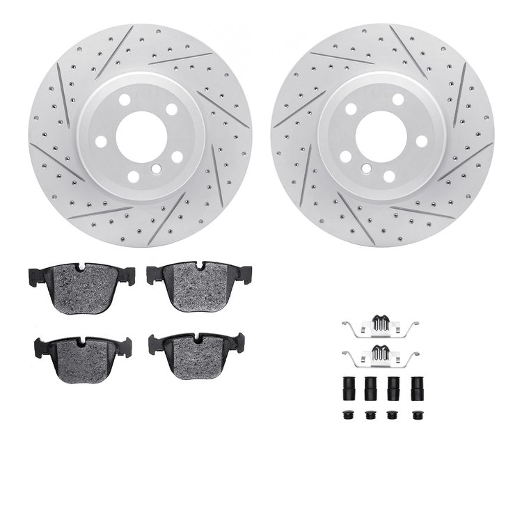 2512-31102 Geoperformance Drilled/Slotted Rotors w/5000 Advanced Brake Pads Kit & Hardware, 2007-2019 BMW, Position: Rear