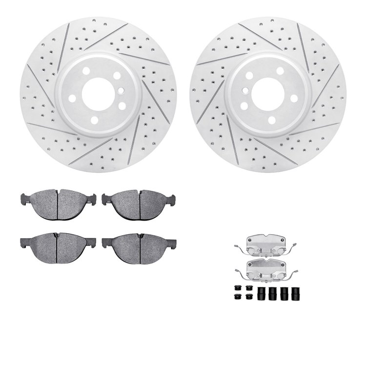 2512-31109 Geoperformance Drilled/Slotted Rotors w/5000 Advanced Brake Pads Kit & Hardware, 2014-2019 BMW, Position: Front