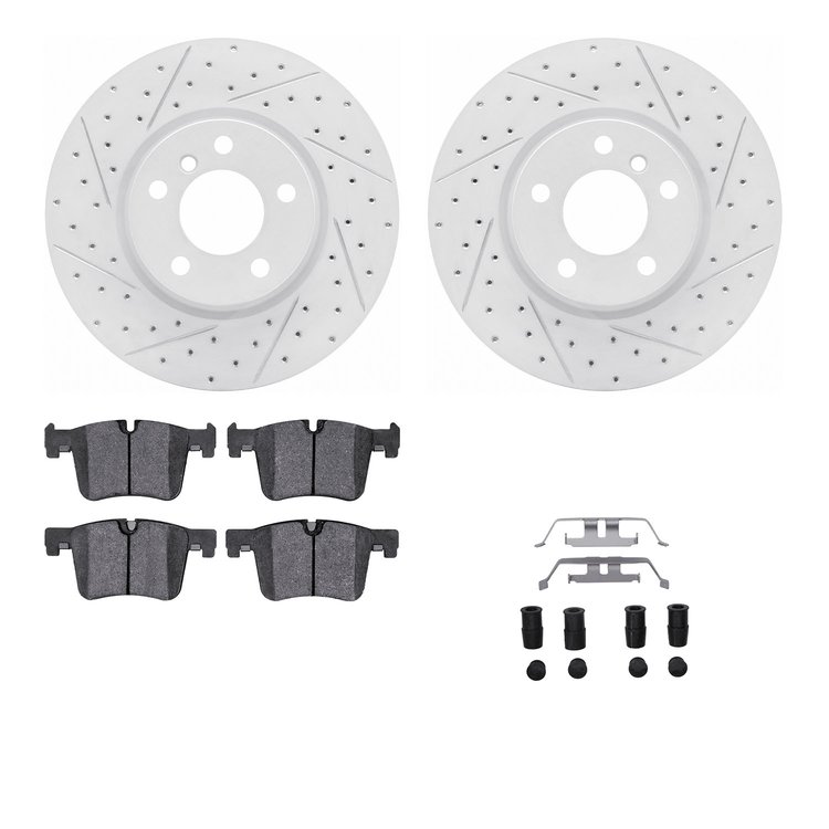 2512-31115 Geoperformance Drilled/Slotted Rotors w/5000 Advanced Brake Pads Kit & Hardware, 2011-2014 BMW, Position: Front