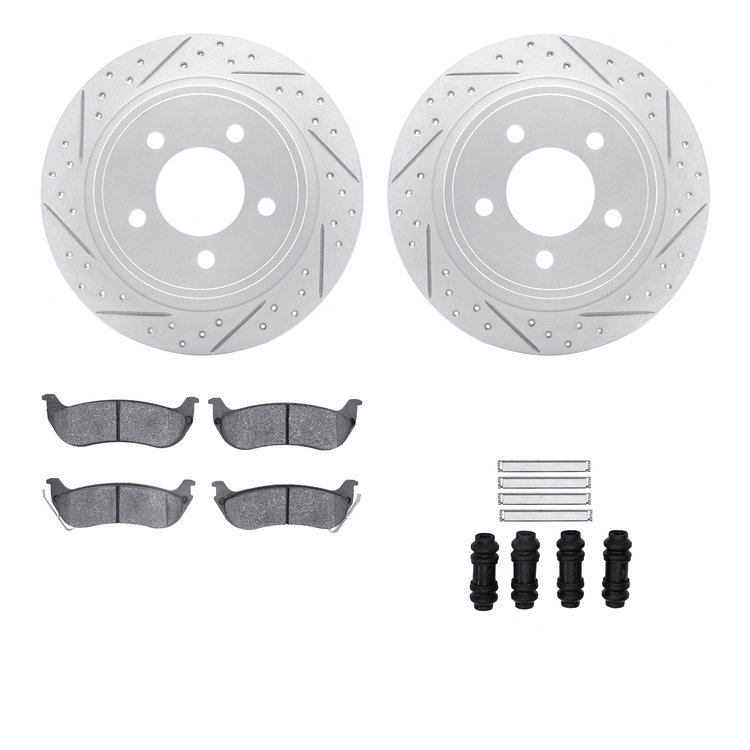 2512-39030 Geoperformance Drilled/Slotted Rotors w/5000 Advanced Brake Pads Kit & Hardware, 2004-2008 Mopar, Position: Rear