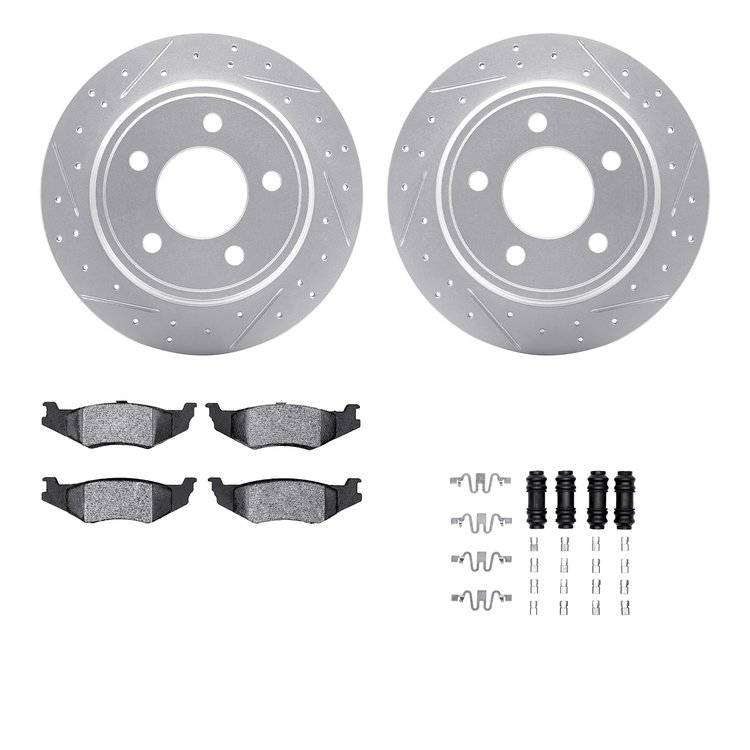 2512-40001 Geoperformance Drilled/Slotted Rotors w/5000 Advanced Brake Pads Kit & Hardware, 1993-2004 Mopar, Position: Rear