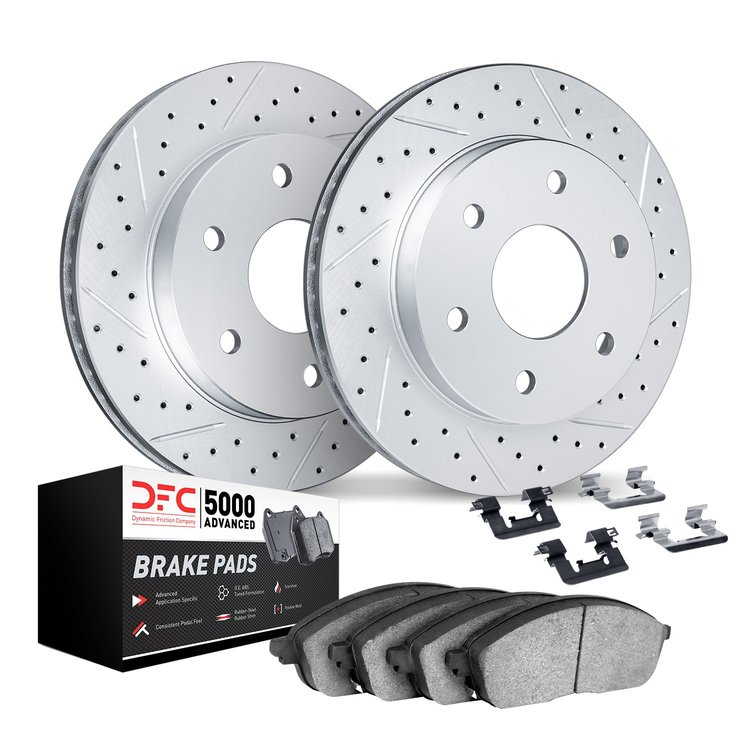 2512-40007 Geoperformance Drilled/Slotted Rotors w/5000 Advanced Brake Pads Kit & Hardware, 2003-2017 Mopar, Position: Front