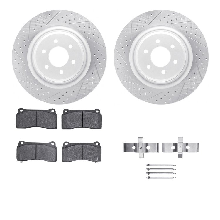 2512-40008 Geoperformance Drilled/Slotted Rotors w/5000 Advanced Brake Pads Kit & Hardware, 2003-2017 Mopar, Position: Rear