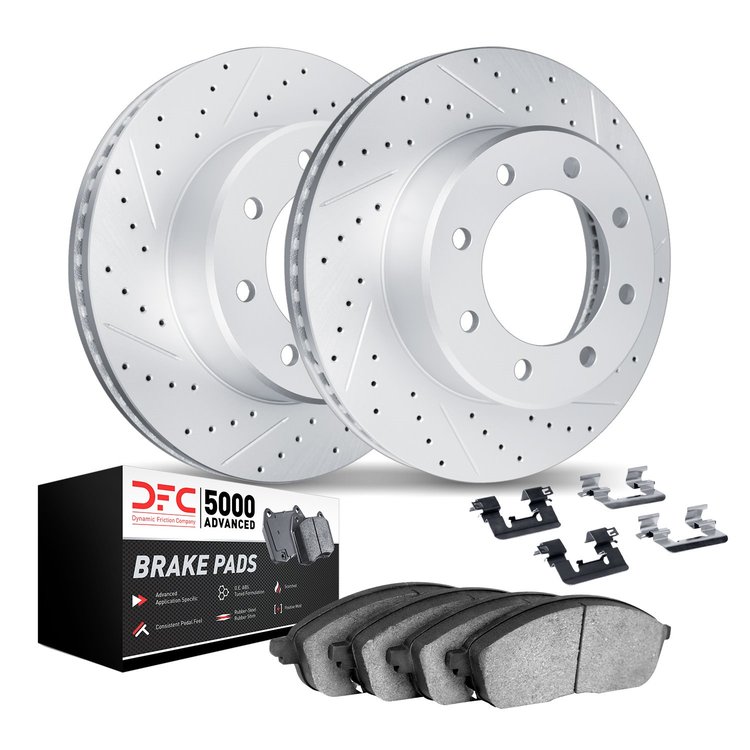 2512-40025 Geoperformance Drilled/Slotted Rotors w/5000 Advanced Brake Pads Kit & Hardware, 1973-1974 Mopar, Position: Front
