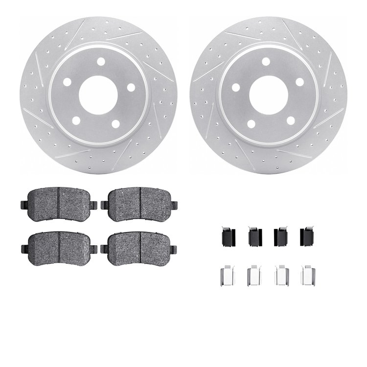 2512-40047 Geoperformance Drilled/Slotted Rotors w/5000 Advanced Brake Pads Kit & Hardware, 2008-2012 Mopar, Position: Rear