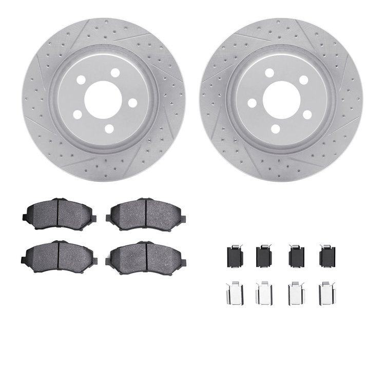 2512-42011 Geoperformance Drilled/Slotted Rotors w/5000 Advanced Brake Pads Kit & Hardware, 2011-2012 Mopar, Position: Front