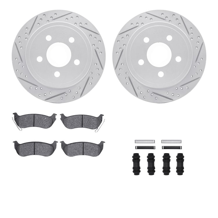 2512-42023 Geoperformance Drilled/Slotted Rotors w/5000 Advanced Brake Pads Kit & Hardware, 2003-2007 Mopar, Position: Rear